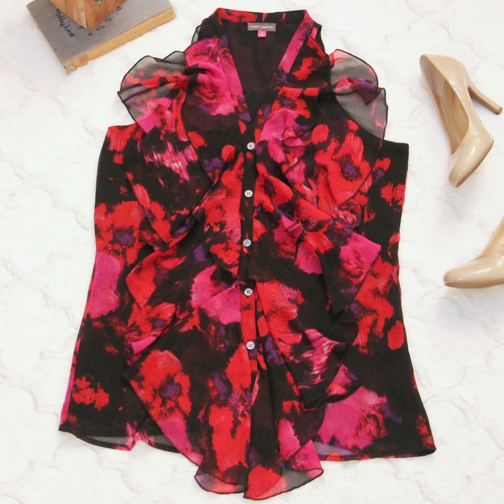 Vince Camuto Ruffle Watercolor Sleeveless Blouse